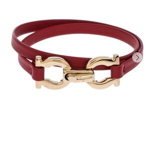 Salvatore Ferragamo Gancini Red Leather Gold Tone Double Wrap Slim Bracelet.